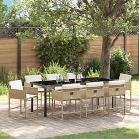 vidaXL Conjunto de Jantar para Jardim com 9 Peças e Almofadas Beige de Rattan Sintético