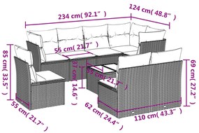 9 pcs conjunto sofás p/ jardim c/ almofadões vime PE castanho