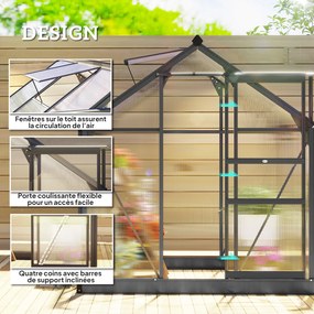 Estufa de jardim em policarbonato, 3,65 m², 190 x 192 x 201 cm, resistente aos raios UV, base reforçada, calha, cinzenta