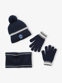 Conjunto em malha canelada, gorro + gola snood + luvas, para menino azul escuro bicolor/multicolor