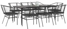 Conjunto de jantar jardim 9 peças almofadas vidro vime PE preto