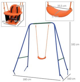 Baloiço 2 em 1 com 1 Assento para Crianças 1 Assento para Bebés e Cinto de Segurança 180x160x182 cm Laranja