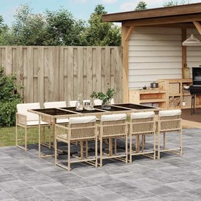 vidaXL 9 pcs conjunto de jantar p/ jardim com almofadões vime PE bege
