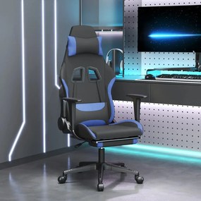 Cadeira Gaming Reclinável com Apoio de Pés em Tecido - Preto e Azul -
