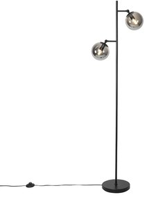Candeeiro de pé Art Déco preto com vidro fumê 2-luzes - Pallon Art Deco