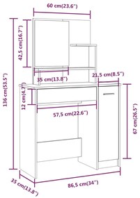 Toucador com espelho 86,5x35x136 cm cor sonoma cinzento