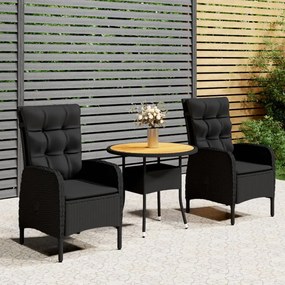 3 pcs conjunto de bistrô para jardim vime PE preto