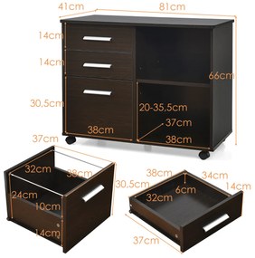 Armário de arquivo com 3 gavetas e prateleiras com rodas Suporte de impressora para escritório 81 x 41 x 66 cm Castanho