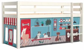 Cama alta de Criança PINO 90 x 200 cm + estrado + escada + cortina Animais Branca