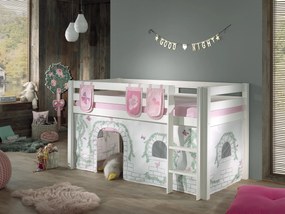 Conjunto Cama alta de Criança PINO 90 x 200 cm + estrado + escada + cortina +3 bolsas Passaros Branca
