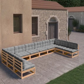 10 pcs conjunto lounge de jardim c/ almofadões pinho maciço