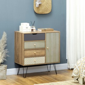 Cómoda com 4 Gavetas Gaveteiro de Madeira com Porta Prateleira Ajustável e Pés de Metal para Sala de Estar Dormitório Cozinha 79x39x86cm Castanho