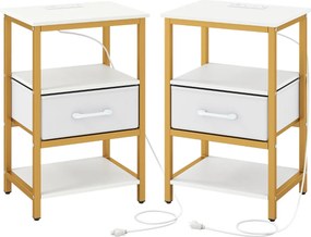 Conjunto de 2 mesas de cabeceira, mesas apoio 40 x 30 x 61 cm com estação de carregamento, Estrutura metálica moderna dourado e branco