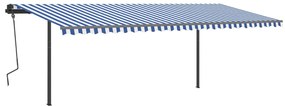 Toldo retrátil manual com postes 6x3,5 m azul e branco