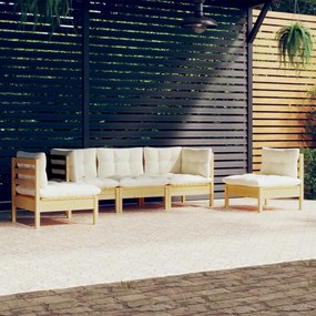 vidaXL 5 pcs conjunto lounge jardim c/ almofadões creme pinho maciço
