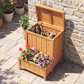 Caixa grande de armazenamento 57 x 52,5 x 70 cm com Floreira em madeira maciça para exterior, com tampa rebatível e pés elevados, para ferramentas de