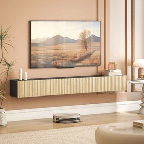 Móvel de televisão suspenso de 140 cm, móvel para televisor de 72 polegadas, 2 portas rebatíveis, 140 x 25 x 22 cm, madeira natural e preta