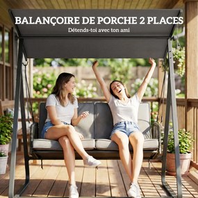 Baloiço de jardim de 2 lugares em resina trançada, baloiço de exterior com teto ajustável e almofada grossa, cinzento