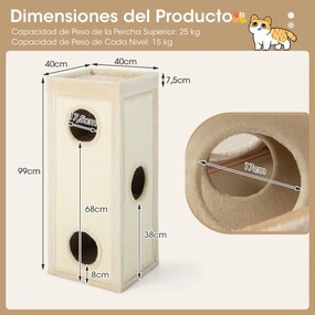 Casa para gatos com 3 cavernas e 3 esconderijos 40 x 40 x 99 cm, painéis para arranhar em sisal, cama superior com almofada removível e barril para ar