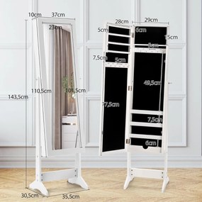 Espelho de joias de pé 35 x 30 x 144 cm com 3 inclinações, organizador de armazenamento para brincos e colares com espelho e 4 compartimentos, branco