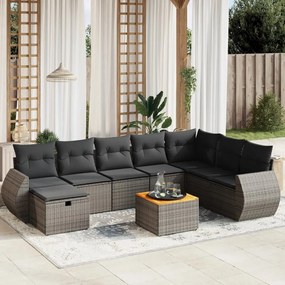 9 pcs conjunto sofás p/ jardim com almofadões vime PE cinzento