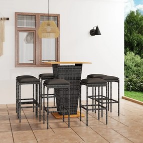 vidaXL 9 pcs conjunto de bar p/ jardim c/ almofadões vime PE cinzento