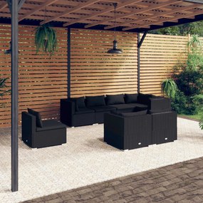 vidaXL 8 pcs conjunto lounge de jardim c/ almofadões vime PE preto