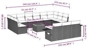 14 pcs conjunto sofás p/ jardim c/ almofadões vime PE cinzento