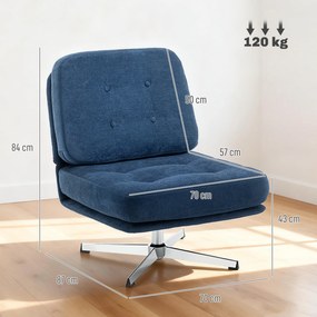 Poltrona de sala sem braços, cadeira giratória em tecido de chenille, assento largo, pés cruzados, 70 x 87 x 84 cm, azul escuro