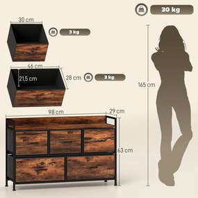 Cómoda com 5 Gavetas de Tecido Cómoda de Estilo Industrial com Estrutura Metálica para Quarto 98x29x63 cm Castanho Rústico