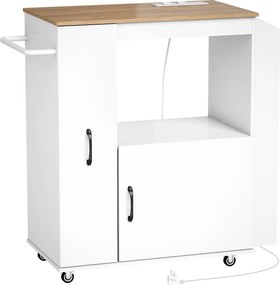 HOMCOM Carrinho de Cozinha com Rodas, Estação de Carregamento, Armário, Organizador Extraível, Porta-Especiarias e Barra para Panos, 80x40x88 cm, Branco | Aosom Portugal