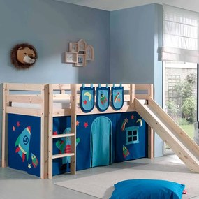 Conjunto Cama alta de Criança PINO 90 x 200 cm + estrado + escada + escorrega + cortina + bolsas de arrumação Astronauta Natural