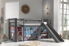 Cama alta de Criança PINO 90 x 200 cm + estrado + escada + escorrega + cortina Animais Cinzenta