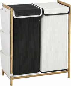 Cesto de Roupa Suja com Tampa 120L de Bambu com 2 Compartimentos Sacos com Cordão Bolsos Laterais Branco e Preto