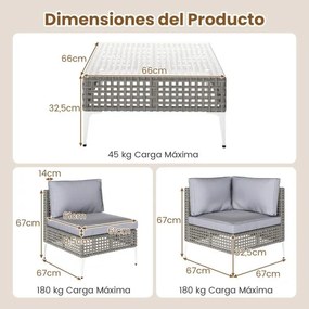 Conjunto de jardim de 5 peças em rattan com mesa de centro em vidro temperado Almofadas para assento e encosto cinza