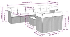 9 pcs conjunto sofás p/ jardim com almofadões vime PE cinzento