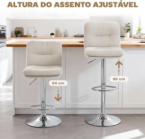 Conjunto de 2 Bancos de Bar Giratórios Estofados em Linho com Altura Ajustável 64-86 cm e Apoio para Pés Bege