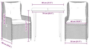 3 pcs conjunto de jantar p/ jardim c/ almofadões vime PE preto