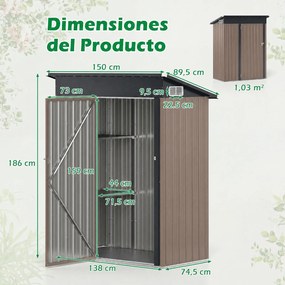 Abrigo para Ferramentas de Exterior, 150 x 89,5 x 186 cm, Prateleiras Ajustáveis, Cinzento
