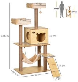 Arranhador para Gatos com Poste de Arranhar de Juta 2 Camas Rede Caverna Bola Suspensa Rede e Rampa 60x40x130 cm Madeira