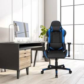 Cadeira giratória para gaming ergonómica para computador Reclinável Ajustável em estilo Carrera com almofada lombar Azul e preta