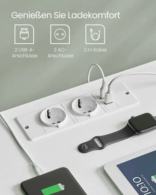 Mesa de cabeçeira com com 2 tomadas CA e 2 portas USB-A e 2 gavetas Branca