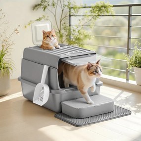 Caixa de areia para gatos em aço inoxidável 60 x 40 x 38 cm, com tampa e pá Cinzento