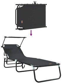 Espreguiçadeiras Dobráveis 2 pcs com Toldo Preto Tecido Oxford 600D