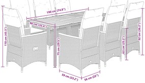 9 pcs conjunto de jantar p/ jardim c/ almofadões vime PE cinza
