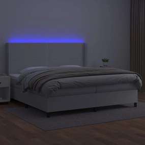 Cama box spring c/colchão/LED 200x200cm couro artificial branco