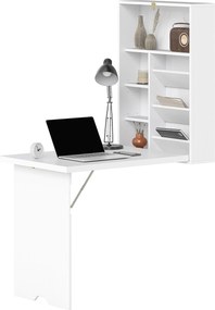 Secretária dobrável de parede, mesa dobrável de parede com prateleiras para sala de estar, sala de jantar, escritório, 93,8 x 60 x 147 cm, branco
