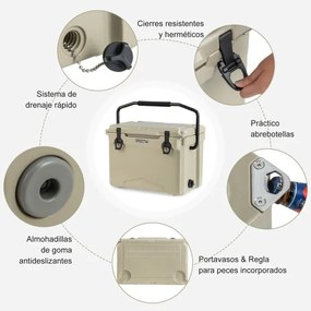 Geleira térmica robusta rotomoldada de 21 L com pega de alumínio Suporte para copos integrado Retenção de gelo durante 5-7 dias para campismo Castanha