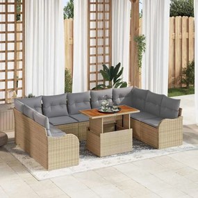vidaXL Conjunto de Sofás de Jardim com 10 Peças e Almofadas Bege em Rattan Poli de Acácia