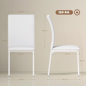 Conjunto de 4 cadeiras de sala de jantar e de cozinha (MESA NÃO INCLUIDA), com estofo em losango e pés de metal, 41 x 50 x 91 cm, brancas